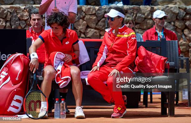 Anabel Medina captain of the Spanish team gives instructions to Carla Suarez during the match between Carla Suarez against Veronica Cepede during day...