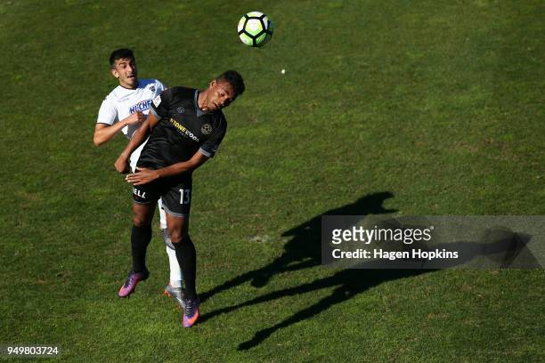 Emiliano Tade of Auckland City FC and Roy Kayara of Team Wellington compete for a header during leg one of the OFC Champions League 2018 Semi-finals...