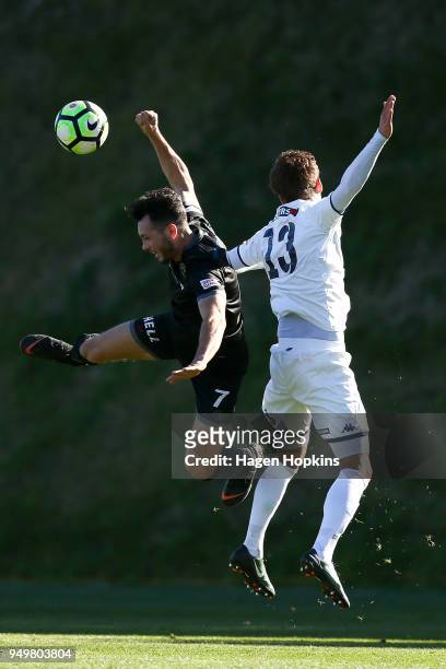 Eric Molloy of Team Wellington and Alfie Rogers of Auckland City FC compete for the ball during leg one of the OFC Champions League 2018 Semi-finals...