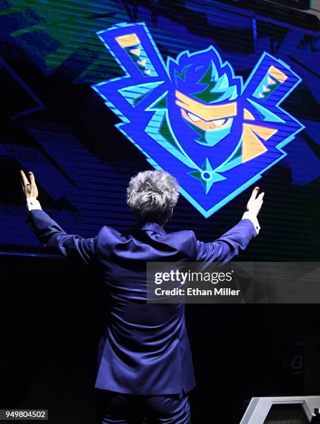 Twitch streamer and professional gamer Tyler "Ninja" Blevins reacts as his logo is displayed while he is introduced during Ninja Vegas '18 at Esports...