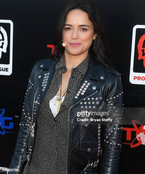 Actress Michelle Rodriguez attends opening weekend of the Twin Galaxies H1Z1 Pro League at Caesars Entertainment Studios on April 21, 2018 in Las...