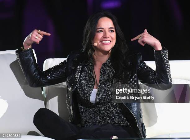 Actress Michelle Rodriguez speaks during opening weekend of the Twin Galaxies H1Z1 Pro League at Caesars Entertainment Studios on April 21, 2018 in...