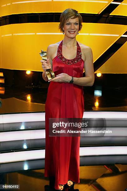 Maria Riesch winner of the 3rd place female 'Athlete of the Year' award poses after the 'Athlete of the Year' gala at the Kurhaus Baden-Baden on...