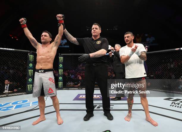 Frankie Edgar celebrates after his victory over Cub Swanson in their featherweight fight during the UFC Fight Night event at the Boardwalk Hall on...