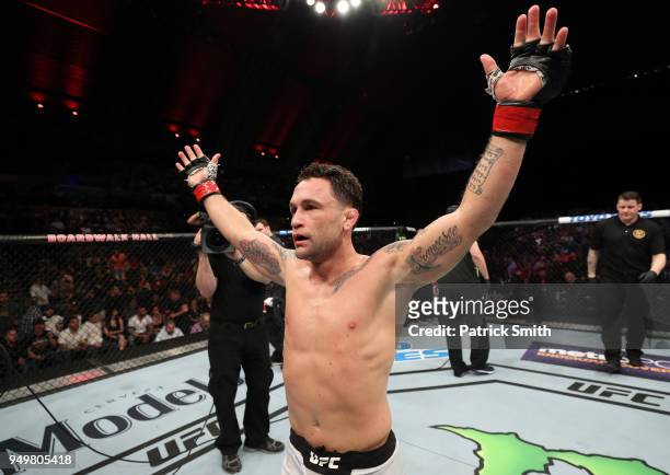 Frankie Edgar celebrates after his victory over Cub Swanson in their featherweight fight during the UFC Fight Night event at the Boardwalk Hall on...