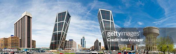 puerto de europa madrid dramatic downtown cityscape panorama skyscrapers spain - madrid stock pictures, royalty-free photos & images