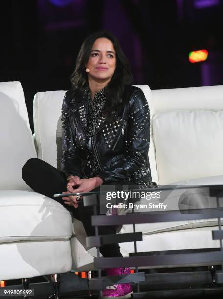 Actress Michelle Rodriguez speaks during opening weekend of the Twin Galaxies H1Z1 Pro League at Caesars Entertainment Studios on April 21, 2018 in...