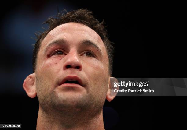 Frankie Edgar awaits the decision after the conclusion of his featherweight fight against Cub Swanson during the UFC Fight Night event at the...