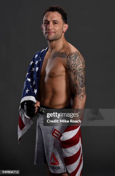 Frankie Edgar poses for a portrait backstage after his victory over Cub Swanson during the UFC Fight Night event at the Boardwalk Hall on April 21,...
