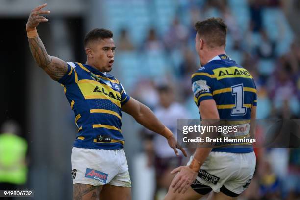 Kaysa Pritchard of the Eels celebrates scoring a try during the round seven NRL match between the Parramatta Eels and the Manly Sea Eagles at ANZ...