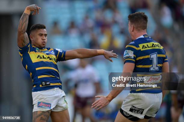 Kaysa Pritchard of the Eels celebrates scoring a try during the round seven NRL match between the Parramatta Eels and the Manly Sea Eagles at ANZ...