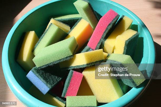 tub full of scourers - scouring pad stock pictures, royalty-free photos & images