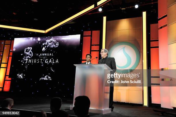 Karan Brar and Kenny Ortega speak onstage during The Thirst Project's 9th Annual Thirst Gala at The Beverly Hills Hotel on April 21, 2018 in Beverly...