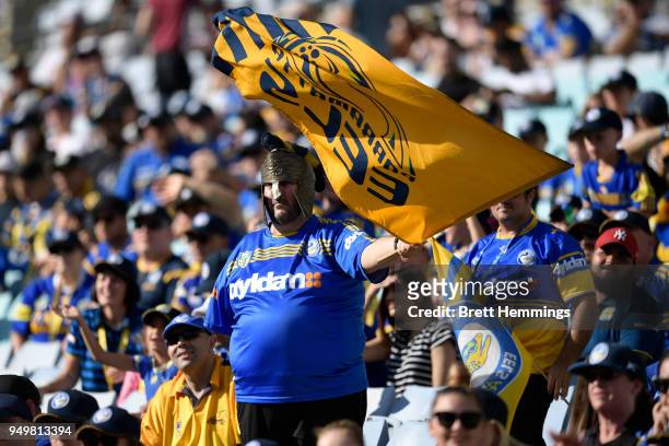 Parramatta fan waves his flag during the round seven NRL match between the Parramatta Eels and the Manly Sea Eagles at ANZ Stadium on April 22, 2018...