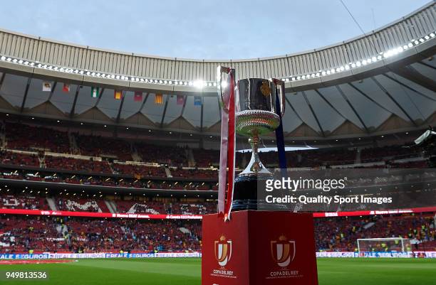 King Cup trophy displayed prior the Spanish Copa del Rey Final match between Barcelona and Sevilla at Wanda Metropolitano on April 21, 2018 in...