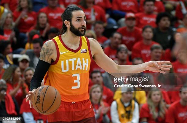 Ricky Rubio of the Utah Jazz brings the ball up court during Game Three of Round One of the 2018 NBA Playoffs against the Oklahoma City Thunder at...