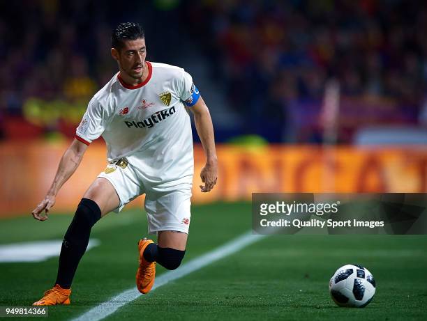 Sergio Escudero of Sevilla in action during the Spanish Copa del Rey Final match between Barcelona and Sevilla at Wanda Metropolitano on April 21,...