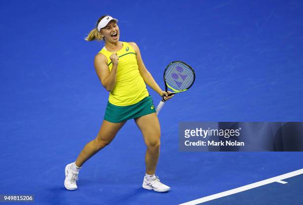 Daria Gavrilova of Australia celebrates winning the Fed Cup tie for Australia with victory in her match against Quirine Lemoine of the Netherlands...