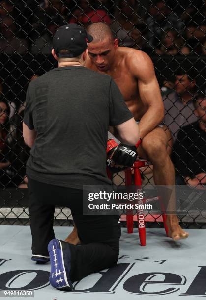 Edson Barboza of Brazil sits in his corner between rounds of his lightweight fight against Kevin Lee during the UFC Fight Night event at the...