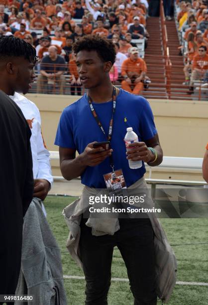 Texas Longhorns recruit Garret Wilson watches action during the orange and white spring game on April 21, 2018 at Darrell K Royal-Texas Memorial...