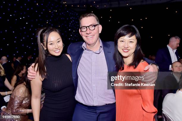 Hana Kim, LACMA Trustee Kelvin Davis and LACMA Curator Christine Y. Kim attend LACMA 2018 Collectors Committee Gala at LACMA on April 21, 2018 in Los...