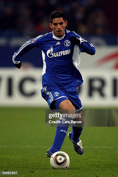 Carlos Zambrano of Schalke runs with the ball during the Bundesliga match between FC Schalke 04 and FSV Mainz 05 at Veltins Arena on December 18,...