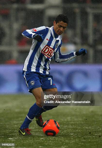 Cicero of Berlin runs with the ball during the Bundesliga match between Bayern Muenchen and Hertha BSC Berlin at the Allianz Arena on December 19,...