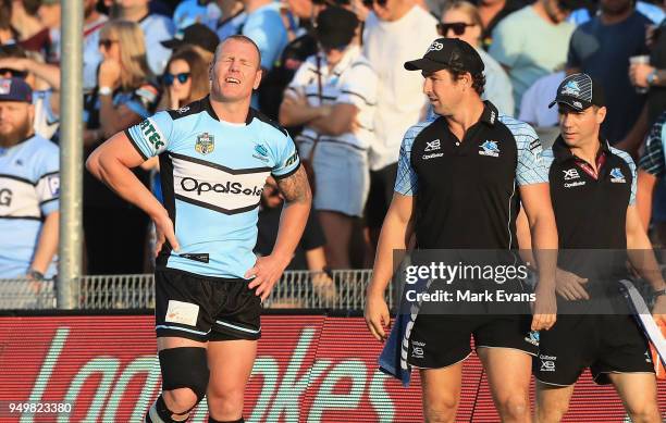 Luke Lewis of the Sharks walks off injured during the round seven NRL match between the Cronulla Sharks and the Penrith Panthers at Southern Cross...