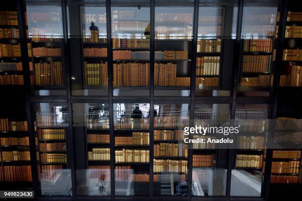 Photo taken on March 23, 2018 shows bookshelves at the British Library within the "World Book Day" in London, United Kingdom. The British Library is...