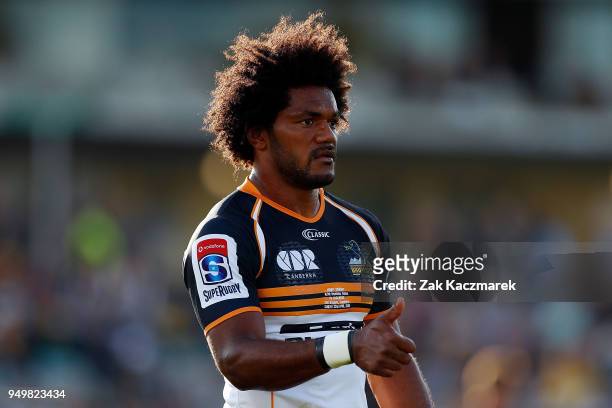 Henry Speight of the Brumbies reacts during the round 10 Super Rugby match between the Brumbies and the Jaguares at University of Canberra Stadium on...