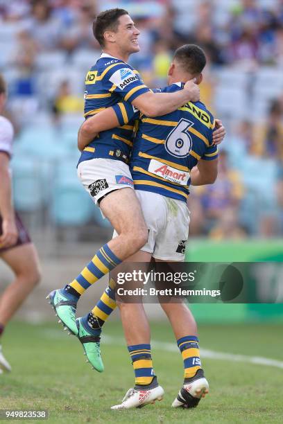 Corey Norman of the Eels celebrates scoring a try with team mates during the round seven NRL match between the Parramatta Eels and the Manly Sea...