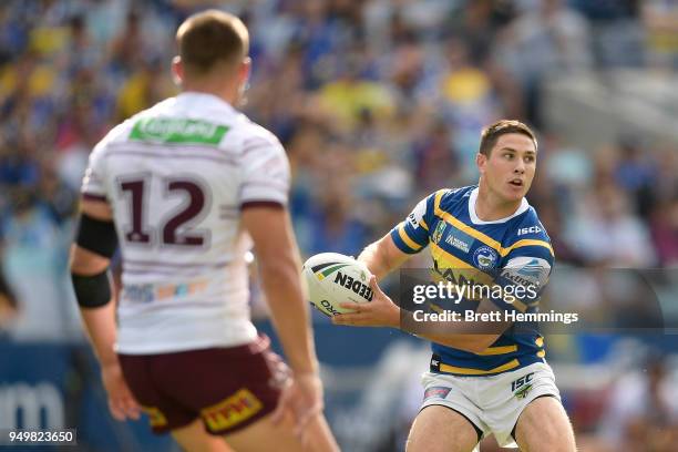 Mitchell Moses of the Eels looks to pass the ball during the round seven NRL match between the Parramatta Eels and the Manly Sea Eagles at ANZ...