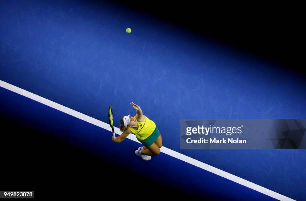 Daria Gavrilova of Australia serves in her match against Quirine Lemoine of the Netherlands during the World Group Play-Off Fed Cup tie between...