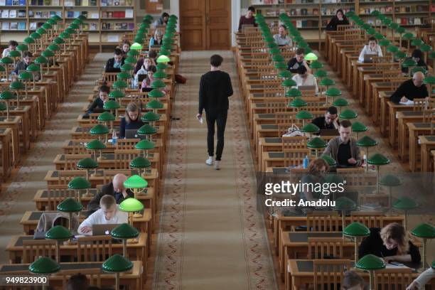 Photo taken on April 20, 2018 shows inside the main reading room in National Library of Russia within the 'World Book Day' in St. Petersburg, Russia....
