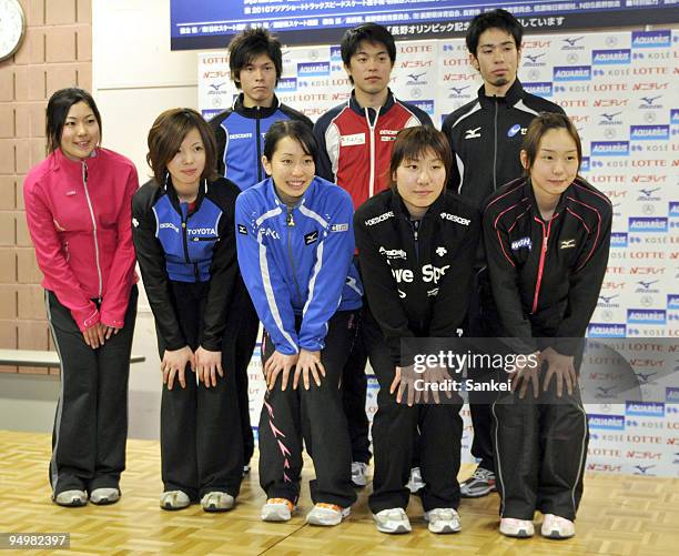 Biba Sakurai, Ayuko Ito, Mika Ozawa, Yui Sakai and Hiroko Sadakane, Yuzo Takamido, Jumpei Yoshizawa and Takahiro Fujimoto pose for photographs after...