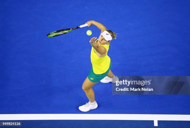 Daria Gavrilova of Australia serves in her match against Quirine Lemoine of the Netherlands during the World Group Play-Off Fed Cup tie between...