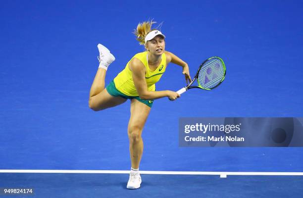 Daria Gavrilova of Australia serves in her match against Quirine Lemoine of the Netherlands during the World Group Play-Off Fed Cup tie between...