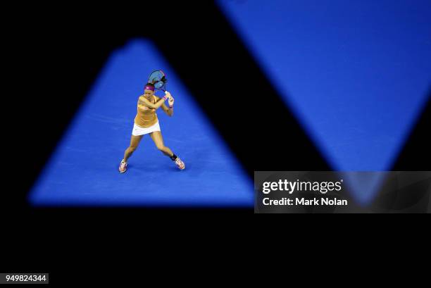 Quirine Lemoine of the Netherlands plays a backhand in her match against Daria Gavrilova of Australia during the World Group Play-Off Fed Cup tie...