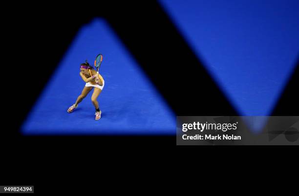 Quirine Lemoine of the Netherlands plays a backhand in her match against Daria Gavrilova of Australia during the World Group Play-Off Fed Cup tie...