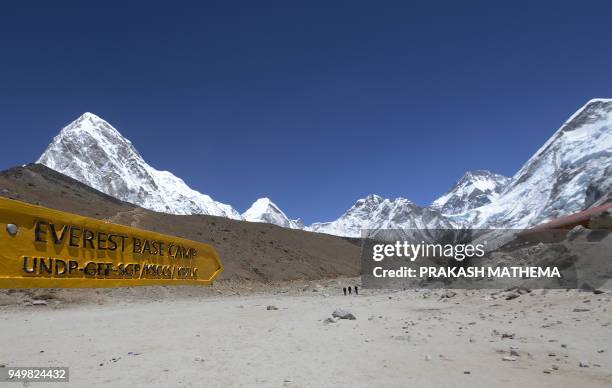 In this photograph taken on April 21 a sign pointing towards Everest Base Camp is seen in the Everest region in Solukhumbu district some 140km...