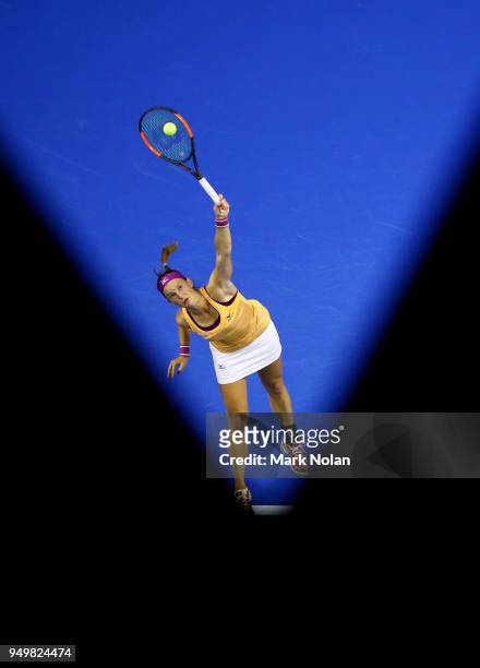 Quirine Lemoine of the Netherlands serves in her match against Daria Gavrilova of Australia during the World Group Play-Off Fed Cup tie between...