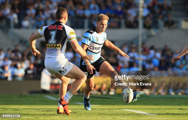 Matt Moylan of the Sharks kicks the ball during the round seven NRL match between the Cronulla Sharks and the Penrith Panthers at Southern Cross...
