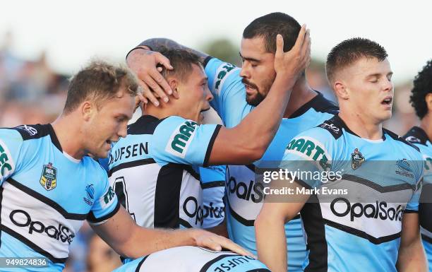Scott Sorensen of the Sharks celebrates a try with andrew Fifita during the round seven NRL match between the Cronulla Sharks and the Penrith...