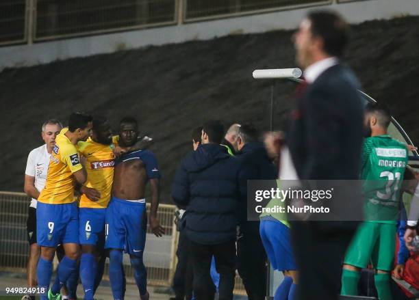 Estoril players react after the referee override a goal during the Portuguese Cup football match between Estoril Praia and SL Benfica at Antonio...