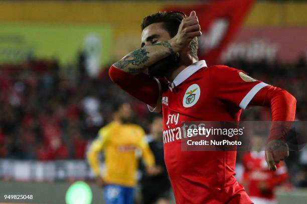 Benfica's midfielder Rafa Silva celebrates a goal during the Portuguese League football match between Estoril Praia and SL Benfica at Antonio Coimbra...