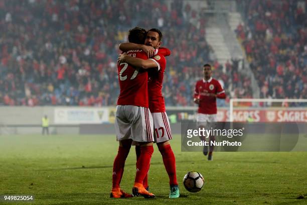 Benfica's midfielder Rafa Silva celebrates a goal with Benfica's Serbian midfielder Andrija Zivkovic during the Portuguese League football match...