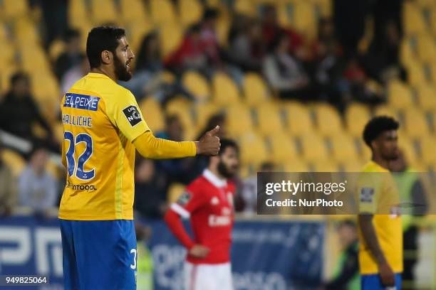 Estoril's defender Rafik Halliche celebrates a goal during the Portuguese League football match between Estoril Praia and SL Benfica at Antonio...