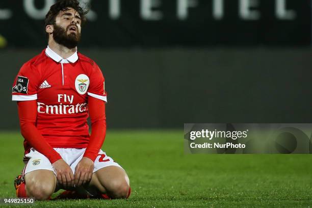 Benfica's midfielder Rafa Silva react during the Portuguese League football match between Estoril Praia and SL Benfica at Antonio Coimbra da Mota...