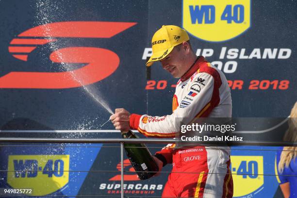 Scott McLaughlin driver of the Shell V-Power Racing Team Ford Falcon FGX celebrates after winning race 10 for the Supercars Phillip Island 500 at...