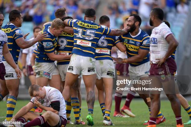 Clinton Gutherson of the Eels celebrates scoring a try with team mates during the round seven NRL match between the Parramatta Eels and the Manly Sea...